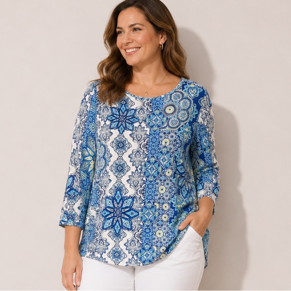 Chico's Zenergy medallion patchwork 3/4 sleeves tunic top 12
